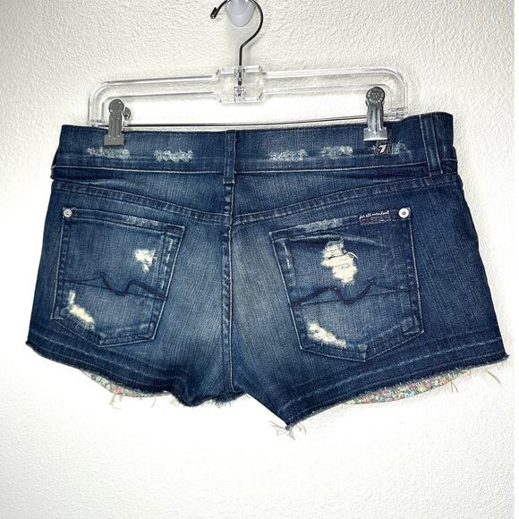 7 For All Mankind Dark Blue Distressed Low Rise Raw Hem Jean Shorts 29 - Picture 7 of 14